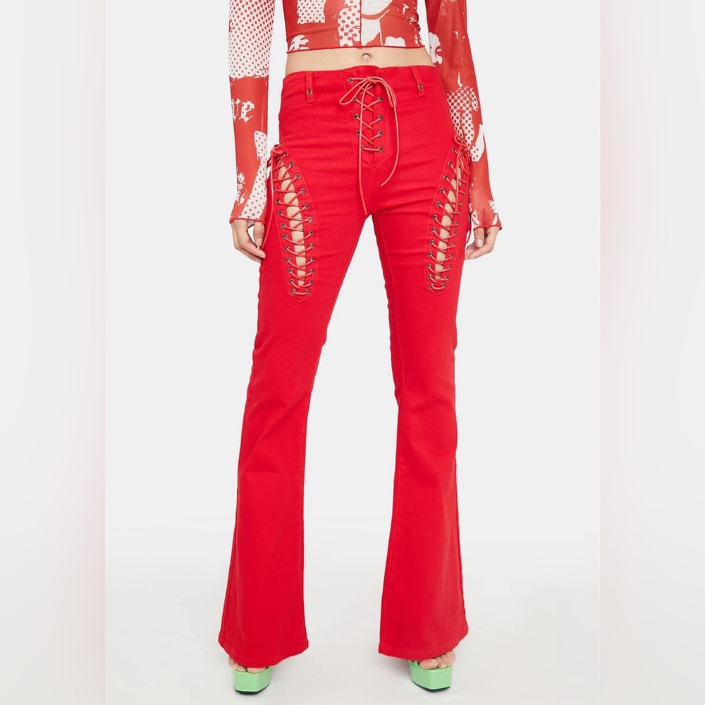 Edikted Red Side Tie Lace Up Flare Jeans, Size XS